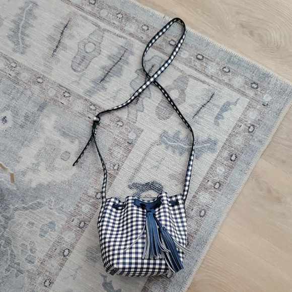 J. Crew Handbags - J. Crew Blue Gingham Crossbody Bucket Bag With Tassels